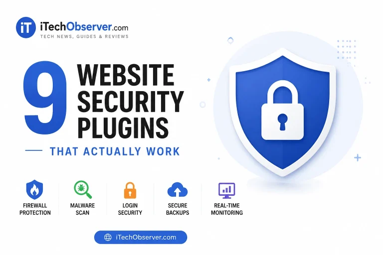 Website security plugins protecting a WordPress website with firewall, malware scanner, and cybersecurity shield icons