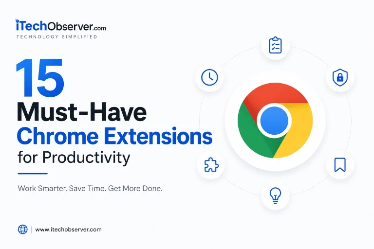 Best Chrome extensions for productivity displayed on a laptop browser with task management, writing, password manager, and productivity tool icons.